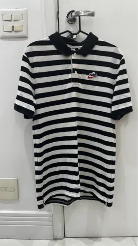 Camisa Polo Nike Listrada Preta e Branca Original