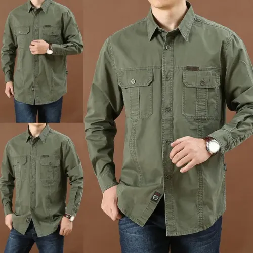 Camisa Manga Comprida estilo militar botão metal 100% Algodao Confirmar Tamanho