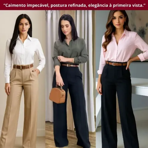 Look Executivo Feminino Alfaiataria | Calça Larga + Camisa Social Branca + Cinto Luxuoso