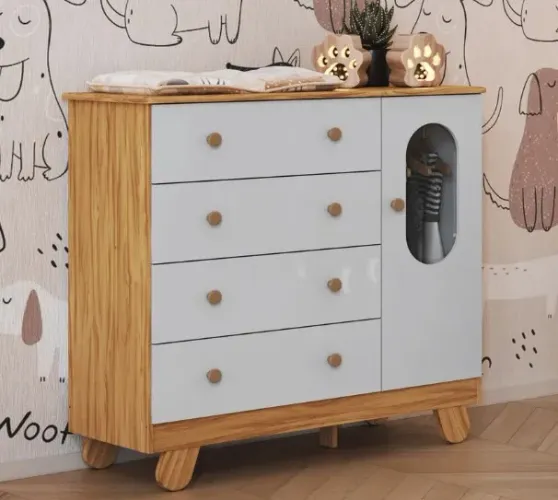 Comoda Infantil Pingo 1 Porta, 100% MDF - Peroba
