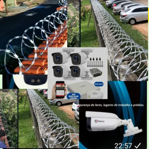 Concertina, cerca elétrica, câmera de segurança, alarme, fechadura eletrônica