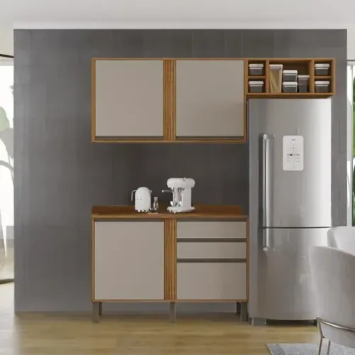 Balcão Pérola 1.20m + Aéreo 2 Portas 1.20m + Armário de Geladeira Cinamomo Off