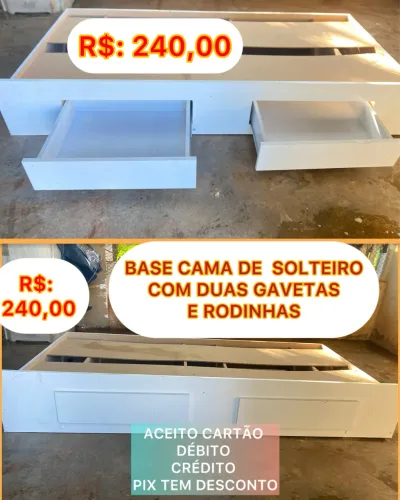 Base cama solteiro com duas gavetas contém rodinhas
