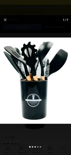 Kit Utensílios Para Cozinha 12 Peças Colheres Silicone Cabo Madeira , Preto.