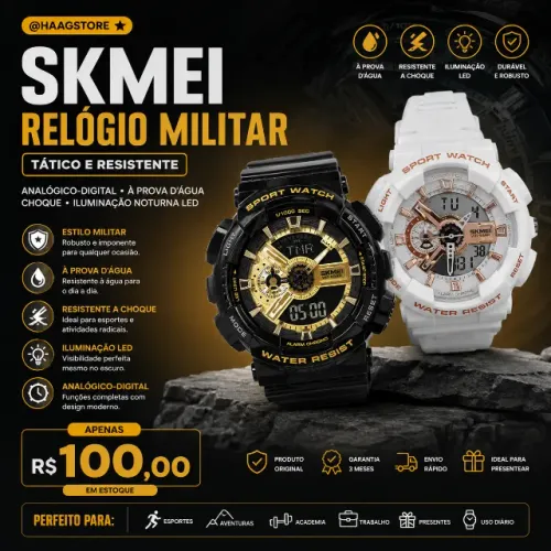 Relógio SKMEI Militar Tático Original Analógico Digital LED Prova D'Água Preto Branco Novo