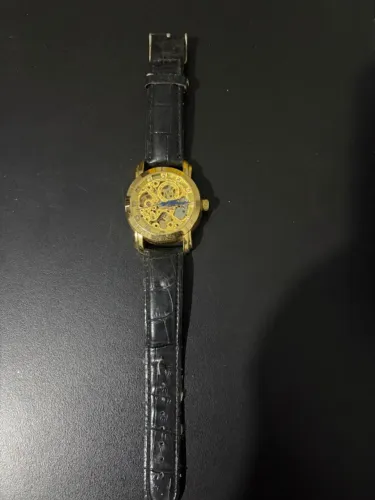 Relógio Automático Skeleton Dourado - Funciona por Movimento - Couro Preto