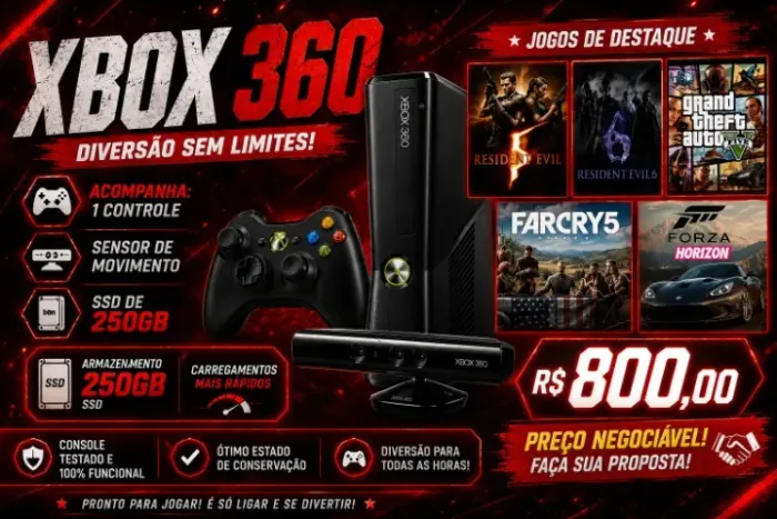 X box 360 completo com 256gb + sensor de movimento+controle