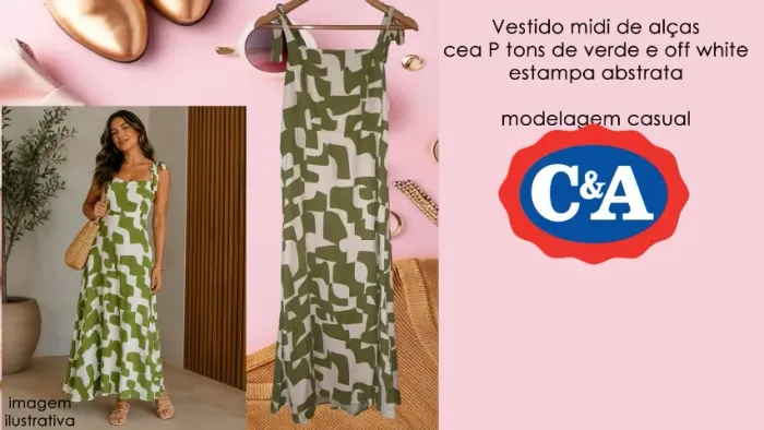 Vestido midi de alças cea P tons de verde e off white estampa abstrata novo