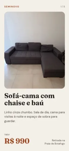 Sofá-cama com chaise e baú - espaçoso e funcional | R$ 850