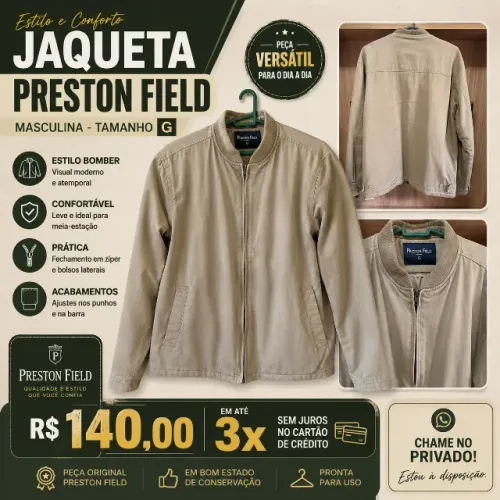 ? JAQUETA PRESTON FIELD - TAMANHO G Jaqueta masculina Preston Field em tom bege/caqui, c