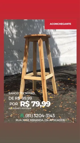 Banco Alto de Madeira de lei 70cm - Fixo, Resistente e Estilo Rústico