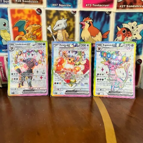 Eevee, Umbreon e Espeon EX - Cartas Pokémon Promo de Evoluções Prismáticas