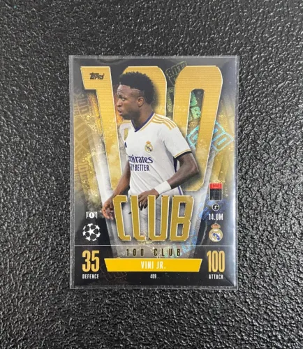 carta vinicius jr 100 club real madrid + 5 cartas aleatórias diferentes topps originais