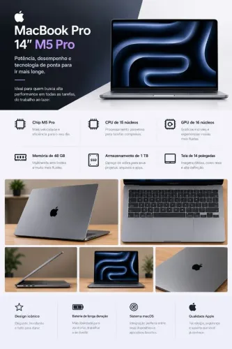Macbook M5 pro<br>Memória 48gb<br>1 tera de armazenamento<br>14 polegadas<br>15 CPU<br>16 GPU
