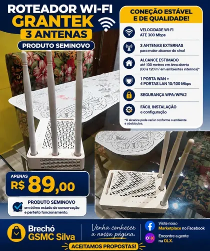 Roteador Wi-Fi Grantek 3 Antenas - Produto Seminovo | Excelente Estado