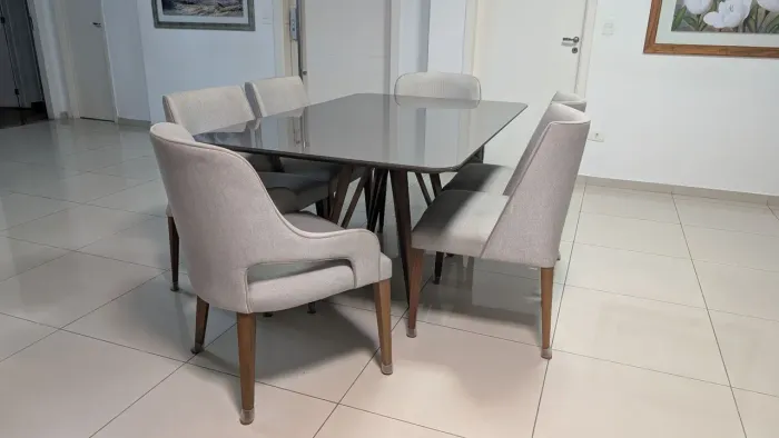 06 cadeiras para mesa de jantar, linho cinza claro