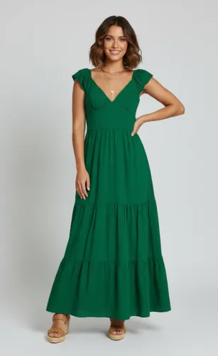 Vestido Longo Saia em Camadas Verde Escuro Verde Bandeira M