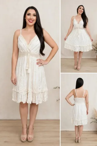 Vestido curto de alça creme e dourado