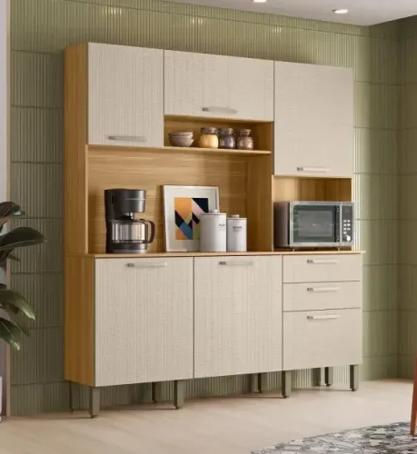 Kit Cozinha Ferrara Plus Kits Paraná 180cm - 100% MDF, 06 Portas e 02 Gavetas - Entrega