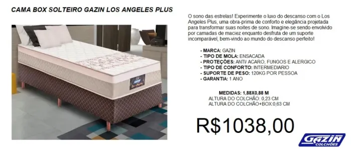 Cama box solteiro gazin los angeles plus - frete gratis