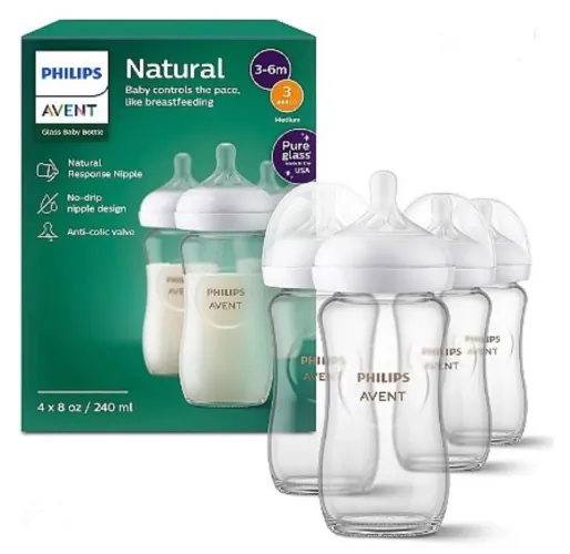 4 mamadeiras vidro Philips Avent Naturalde 240 ml, anti cólica