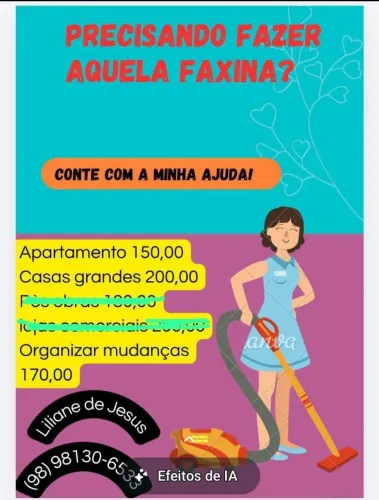 Diarista Faço faxina,trabalho como garçonete, e auxiliar de cozinha tiro folga.