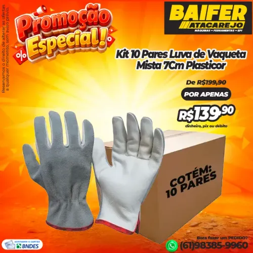 Kit 10 Pares Luva de Vaqueta Mista 7Cm Plasticor