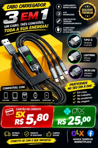 Cabo de carregamento de liga em Zinco 3 em 1 100W 1,20mts