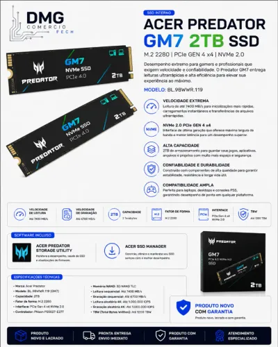 SSD ACER Predator GM7 2TB M.2 2280 PCI-e 4.0 Gen4 NVMe 2.0 - Leitura 7.400mbps | Para Ps5