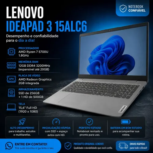 Notebook Lenovo Ideapad 3 - Ryzen 7 5700U - 12GB RAM - 2GB VIDEO
