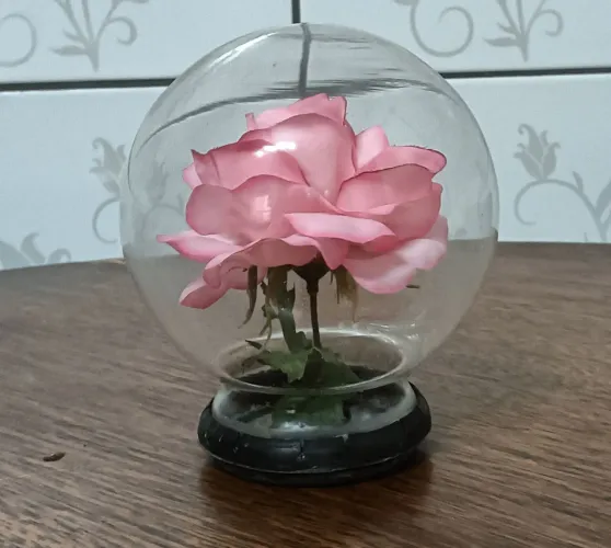 Rosa Artificial Antigo Domo de Vidro* Anos 80* 15cm Vintage