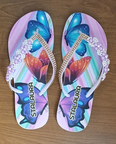 Chinelo Feminino Bordado Decorado Borboleta 