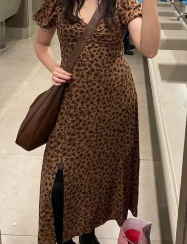 Vestido Midi Marrom Floral - Tam M, com manga bufante