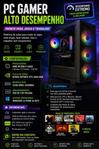 PC Gamer de Alto Desempenho Pronto para Jogos e Trabalho!
