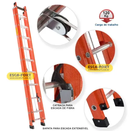 Escada Extensível Fibra de Vidro c/ Degraus em Alumínio Perfil Vazado