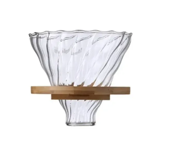 Suporte Porta Filtro de Café de Vidro Formato Hario V60 com Base Bambu - Tamanho 02