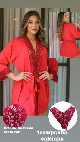 Conjunto de lingerie vermelha com robe