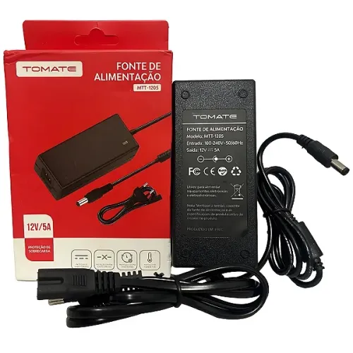 Fonte de Alimentação 12V 5A para Câmeras, DVR, Modem, DVD, LED, Switch, Splitter - Tomate