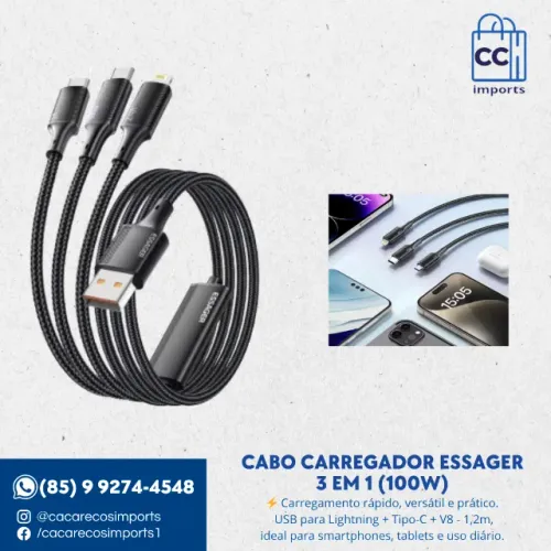Cabo Carregador Essager 3 em 1 (100W) - USB para Lightning + Tipo-C + V8 - 1,2m