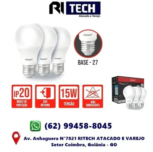 Kit 3 Lampadas Pera Avant 1.300 Lumens 15W Bivolt 6.500K E27 Led Branca