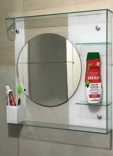 Espelho de Parede Redondo com Prateleira de Vidro