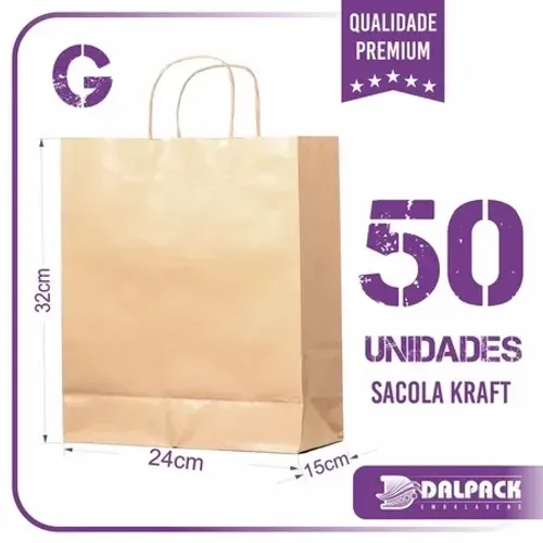 Sacola de Papel Kraft - 50 Unidades - G (24x15x32)