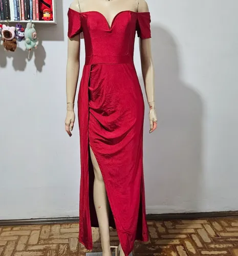 Vestido Formal Festa Vermelho Bordô Ombro a Ombro