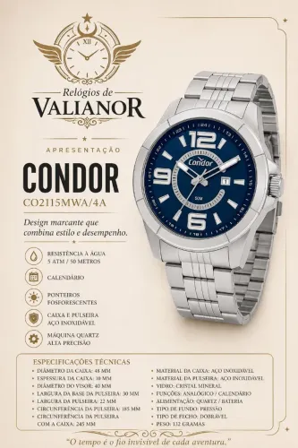 Relógio Masculino Condor Analógico de Aço Prateado com Mostrador Azul