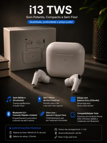 Fone Bluetooth i13 TWS Sem Fio | Som de Qualidade e Bateria Duradoura