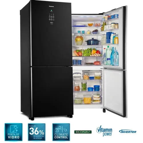 Geladeira Panasonic Inverter Preta Porta de Vidro Black Piano Modelo NR- BB53GV3BA