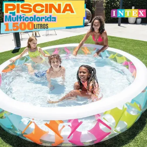 PISCINA INTEX INFLÁVEL 1.500 LITROS REDONDA MULTICOLORIDA TRANSPARENTE EM  PVC DE ALTA RES