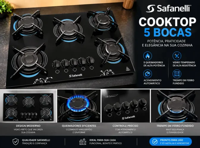 Cooktop Safanelli 5 Bocas Preto de Vidro - Lindo e Conservado