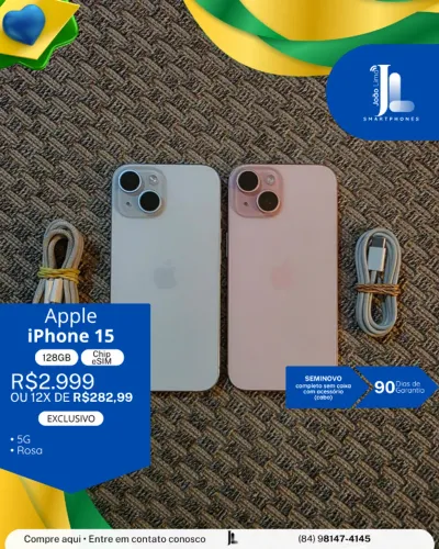 IPHONE 15, 5G, 128GB, CHIP ESIM, ROSA, SEMINOVO , EXCLUSIVO!