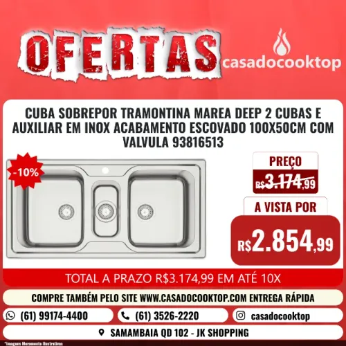 CUBA SOBREPOR TRAMONTINA MAREA DEEP 2 CUBAS/AUXILIAR EM INOX ACABAMENTO ESCOVADO 100X50CM